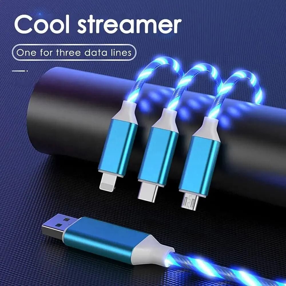 3 in 1 LED Flowing Charging Cable 3A PD – Fast Charger with Glowing Streamer Light