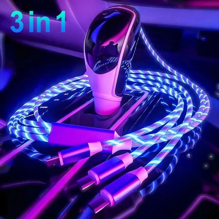 3 in 1 LED Flowing Charging Cable 3A PD – Fast Charger with Glowing Streamer Light