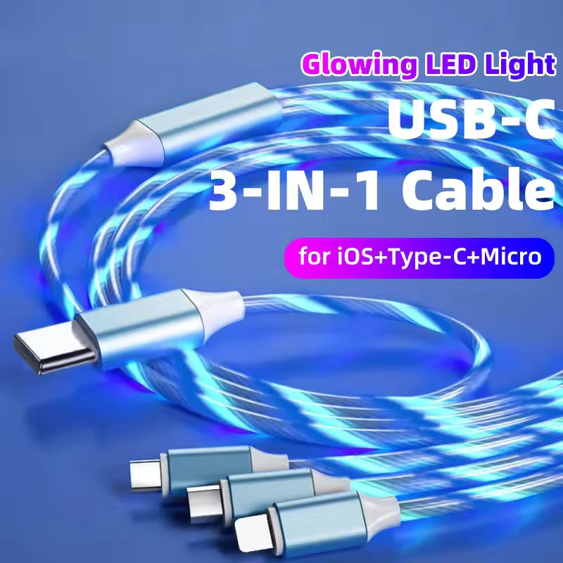 3 in 1 LED Flowing Charging Cable 3A PD – Fast Charger with Glowing Streamer Light