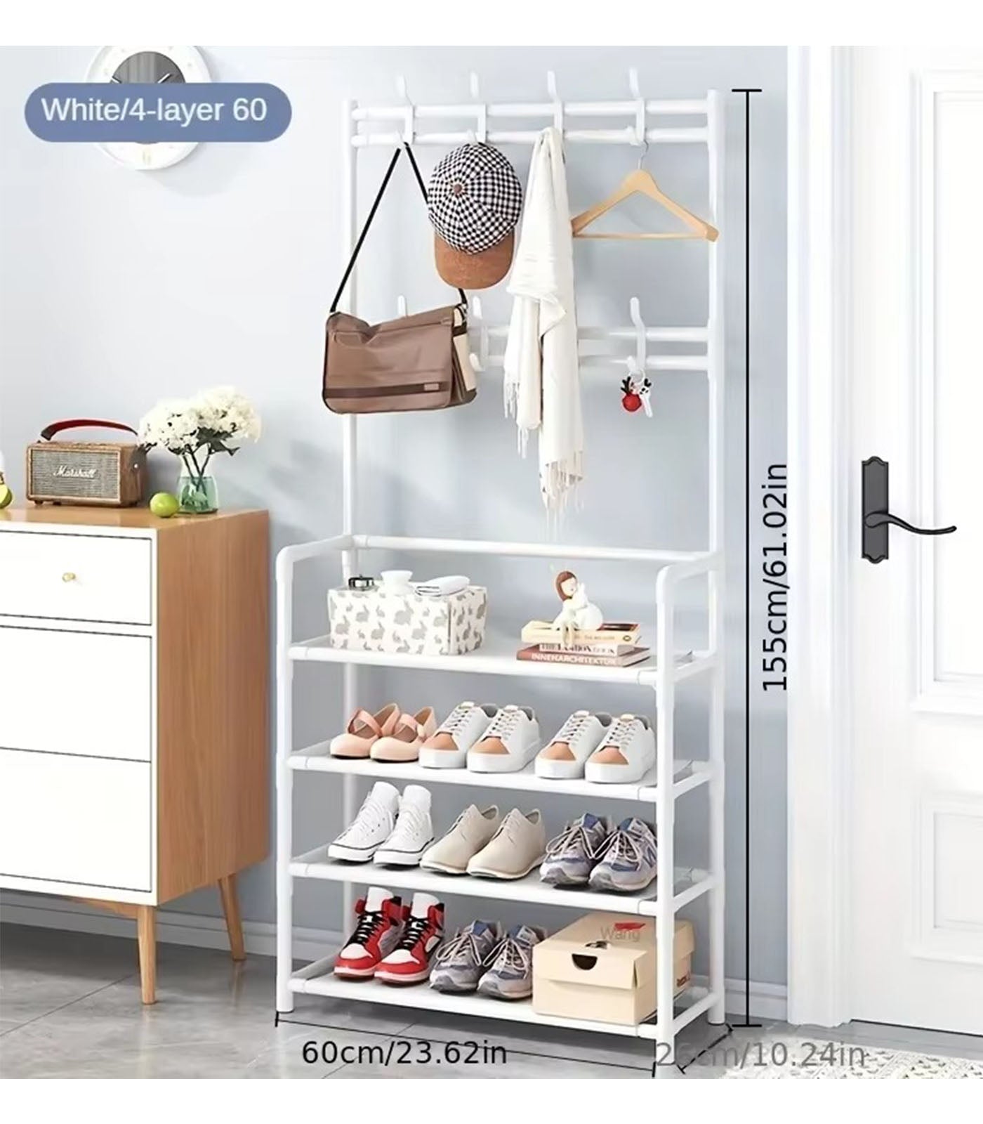 3-in-1 Multi-Layer Storage Shelf – Space-Saving Shoe Rack with Clothes & Hat Hangers for Bedroom or Living Room Organization