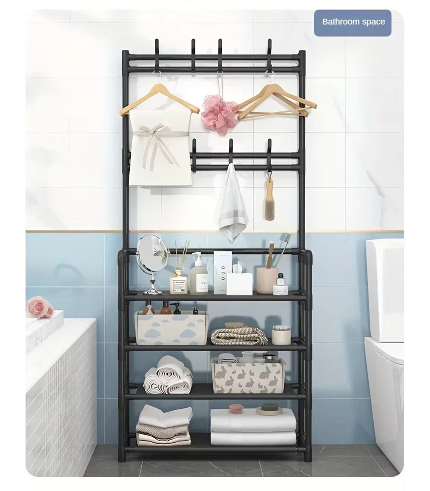 3-in-1 Multi-Layer Storage Shelf – Space-Saving Shoe Rack with Clothes & Hat Hangers for Bedroom or Living Room Organization