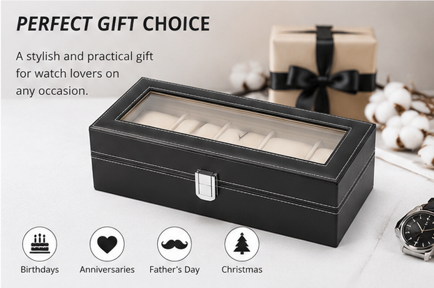 Premium PU Leather Watch Storage Box with Glass Display Lid & Lock