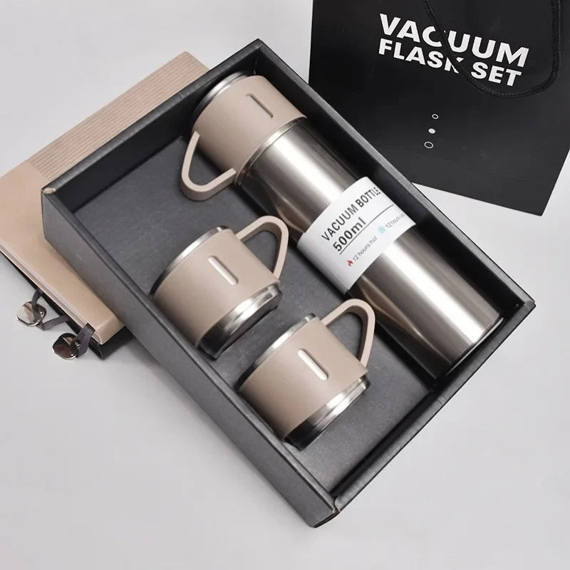 500ml Stainless Steel Vacuum Flask Gift Set – Thermal Insulated Bottle & Couple Cup