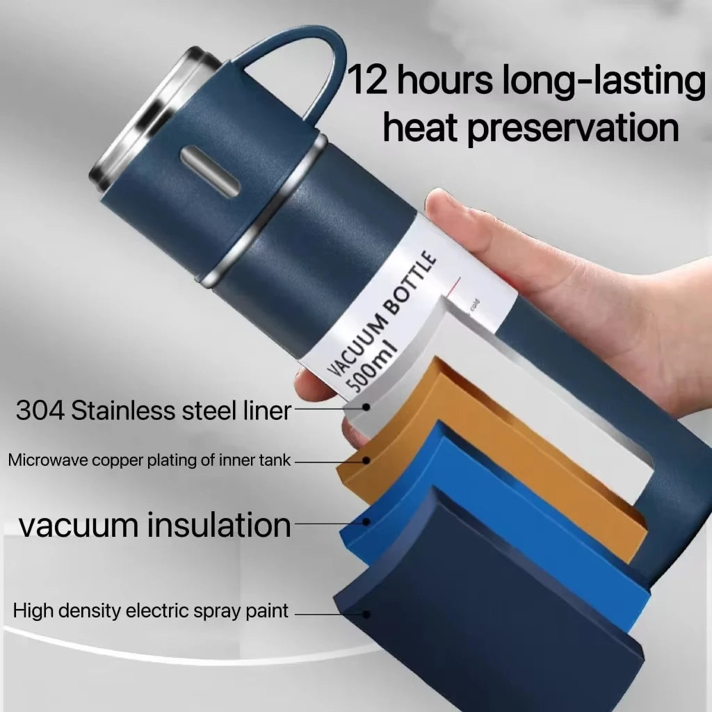500ml Stainless Steel Vacuum Flask Gift Set – Thermal Insulated Bottle & Couple Cup