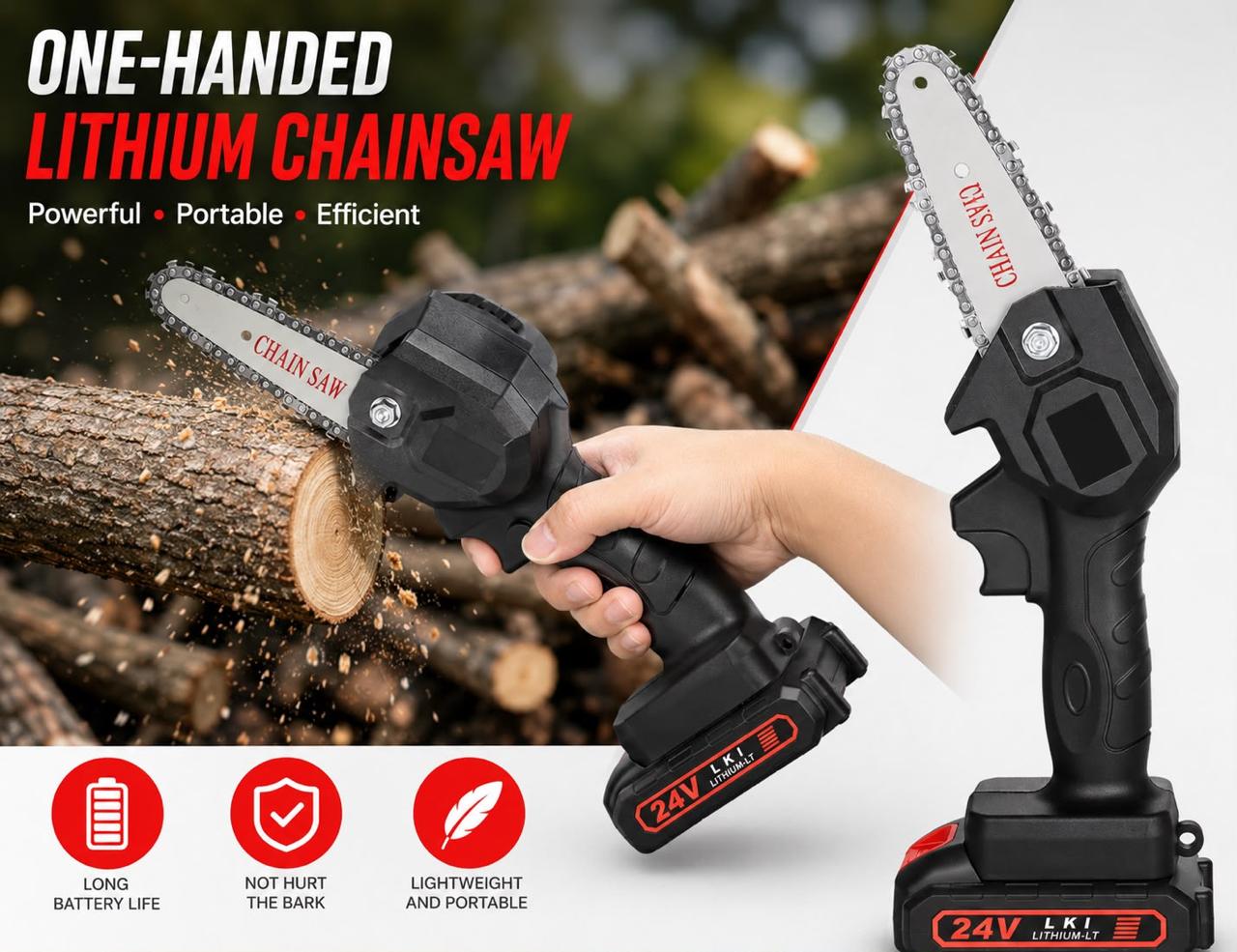 24V Cordless Mini Chainsaw | Portable One-Hand Electric Chainsaw with Rechargeable Battery