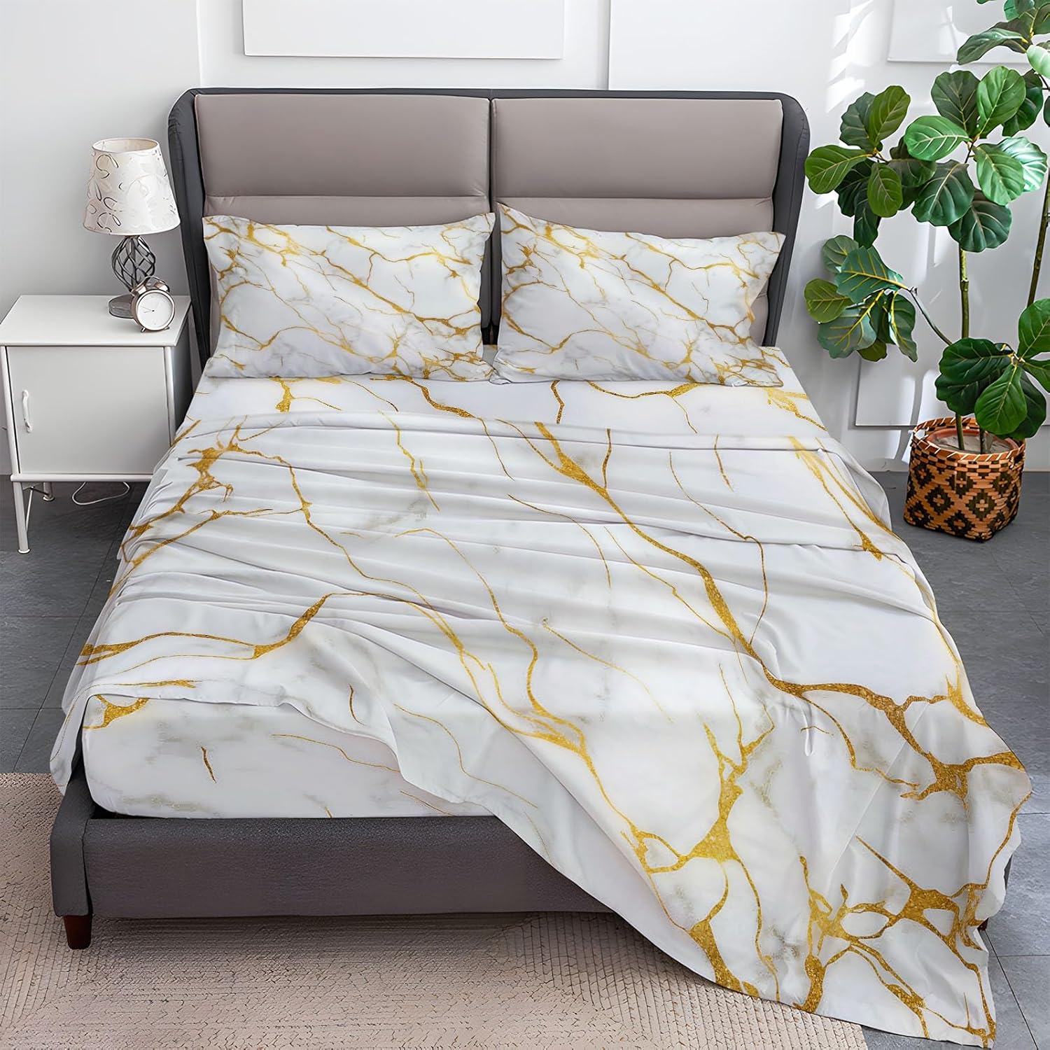 Luxury Marble Print Bed Sheet Set – Soft Microfiber Fitted Bedding Set with Pillowcases (All Sizes)