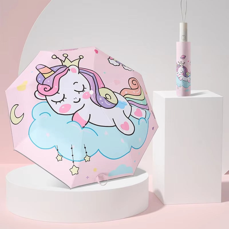 Automatic Pink Unicorn Princess Umbrella – Windproof Folding Umbrella with Reflective Stripe & UV Protection