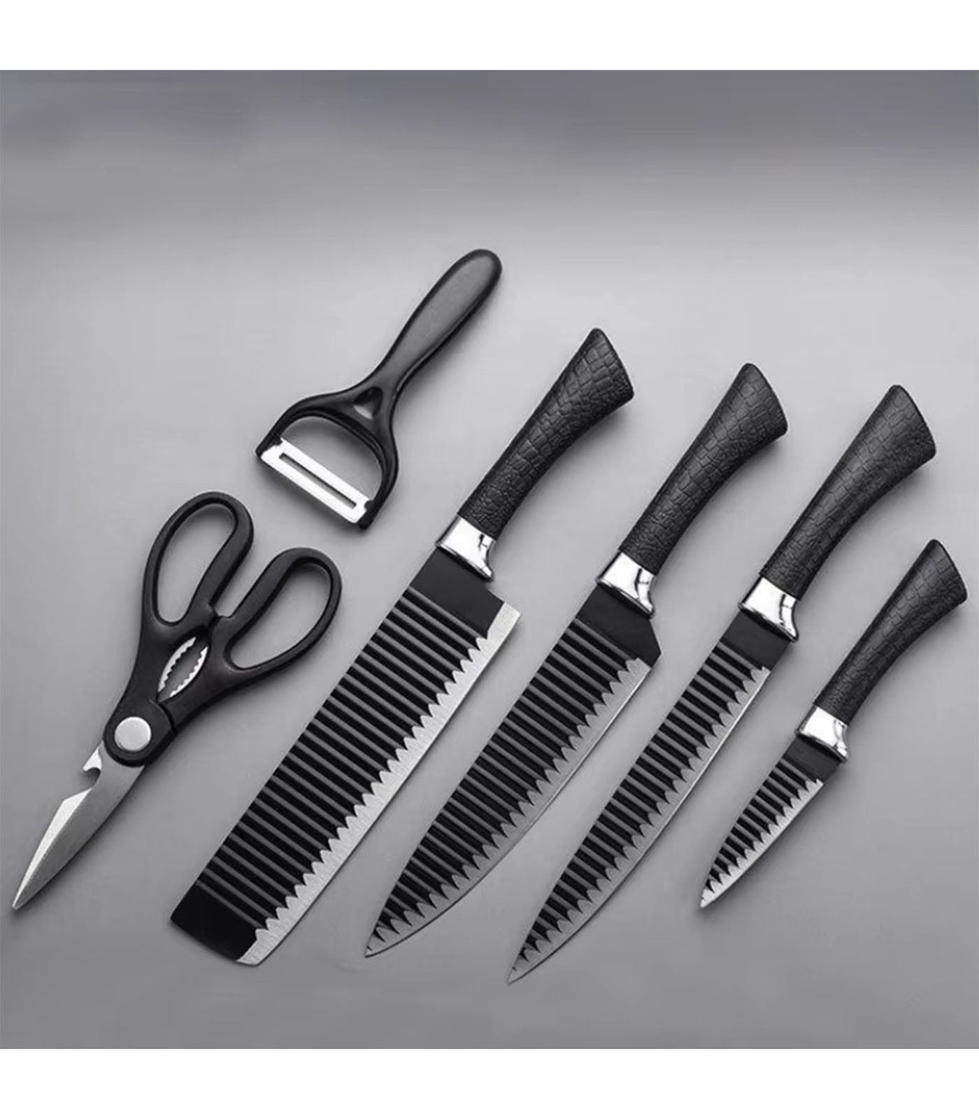 Black Wavy Kitchen Knife Set – 6-Piece Stainless Steel Professional Business Knife Set