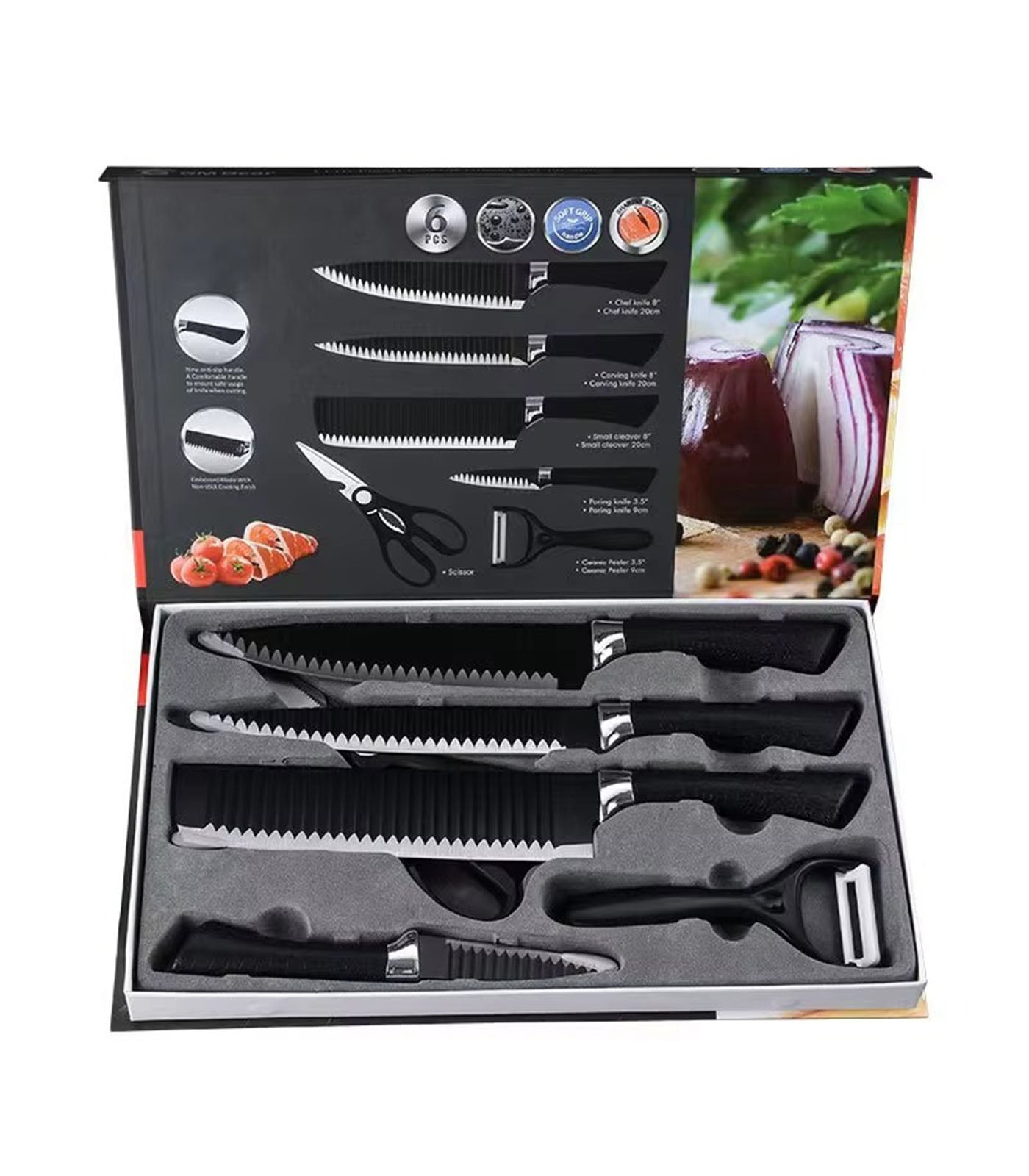 Black Wavy Kitchen Knife Set – 6-Piece Stainless Steel Professional Business Knife Set