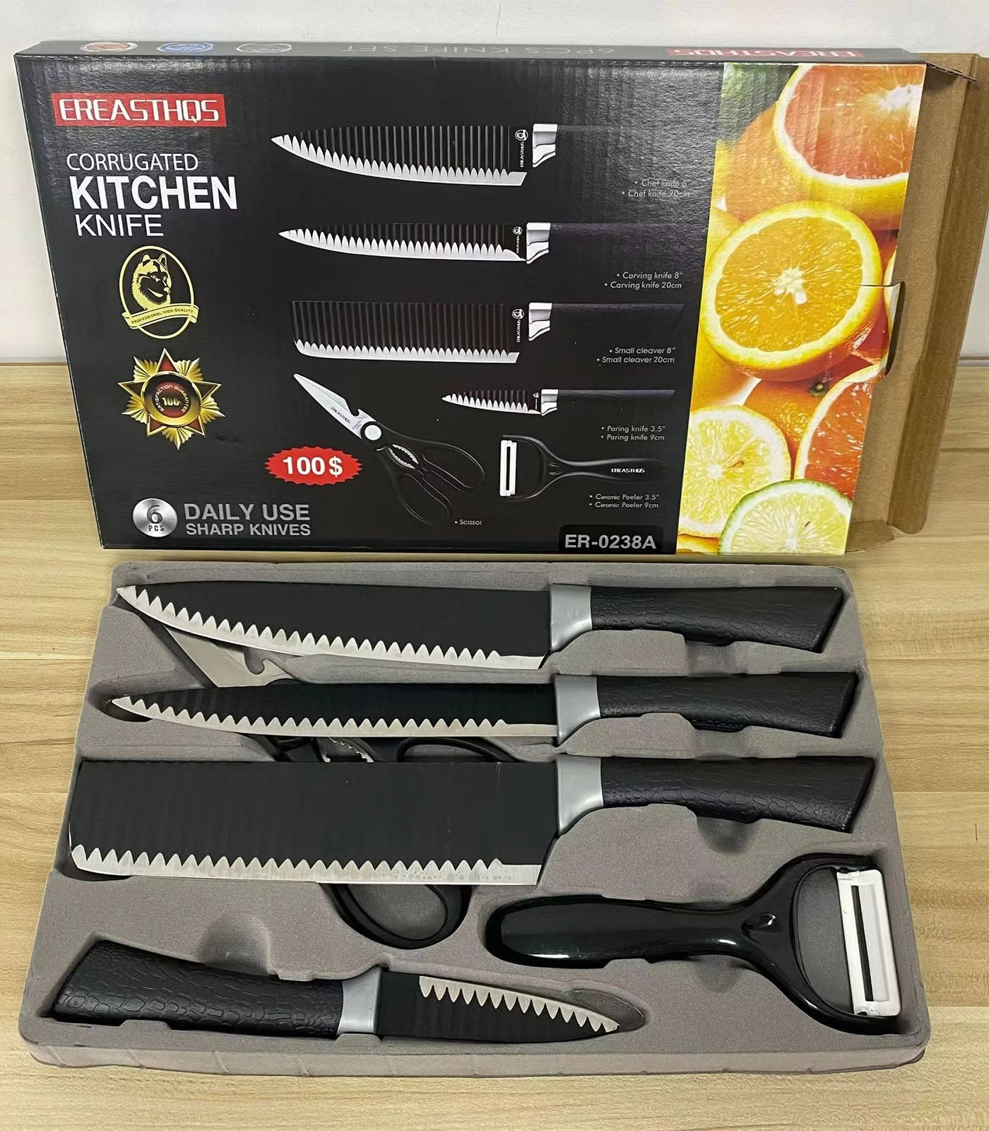 Black Wavy Kitchen Knife Set – 6-Piece Stainless Steel Professional Business Knife Set