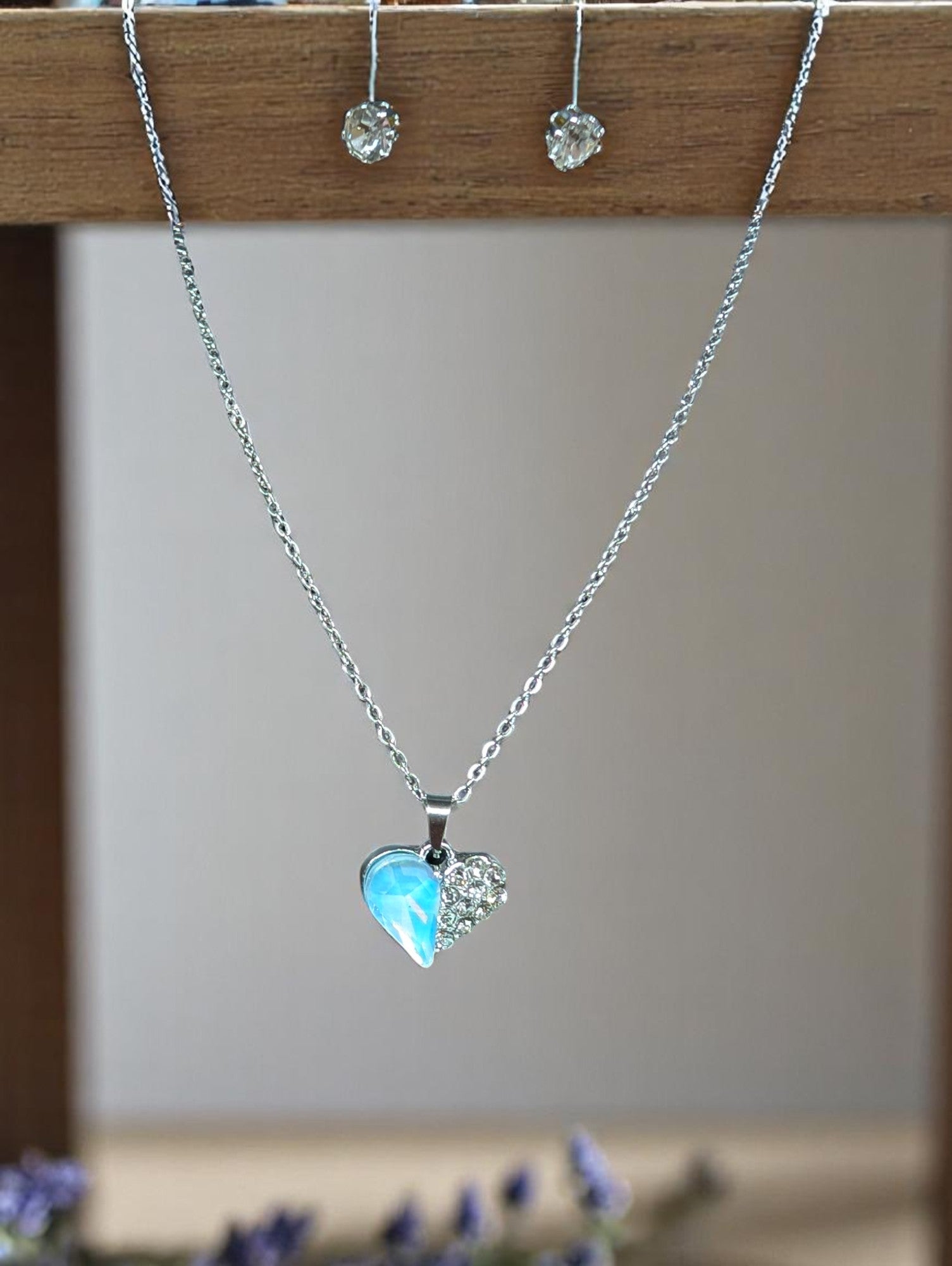 Blue Heart Pendant Necklace with Stud Earrings