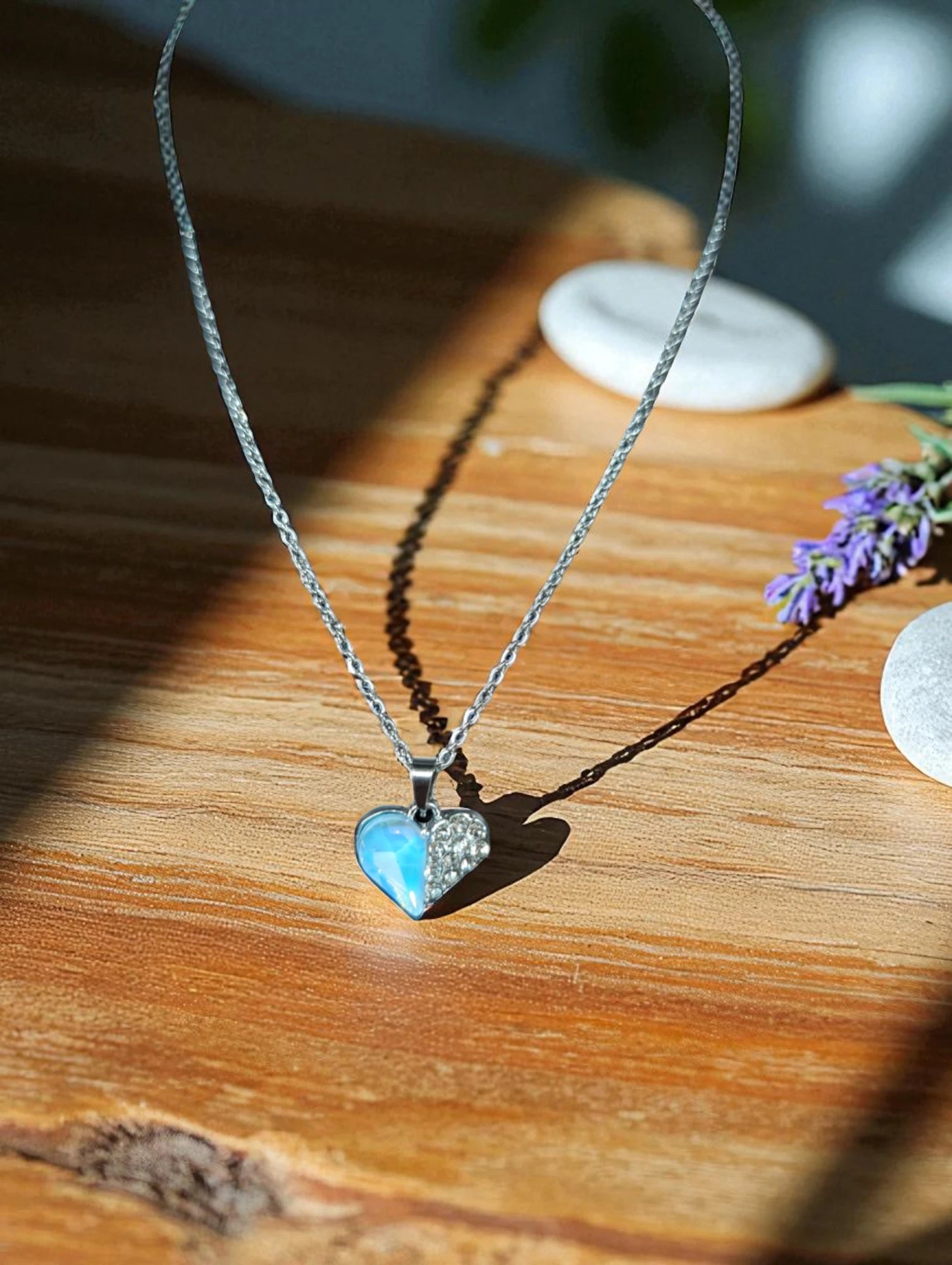 Blue Heart Pendant Necklace with Stud Earrings