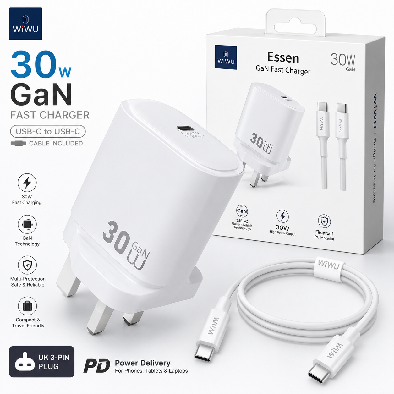 WiWU WI-G008 Essen 30W GaN Fast Charger + USB-C to USB-C Cable Combo (UK 3-Pin)
