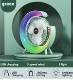 Colorful Loop Desktop Electric Fan with Silent Motor & USB Charging – 3 Speed Wind Modes + Ambient Light