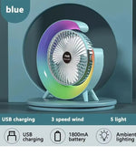 Colorful Loop Desktop Electric Fan with Silent Motor & USB Charging – 3 Speed Wind Modes + Ambient Light