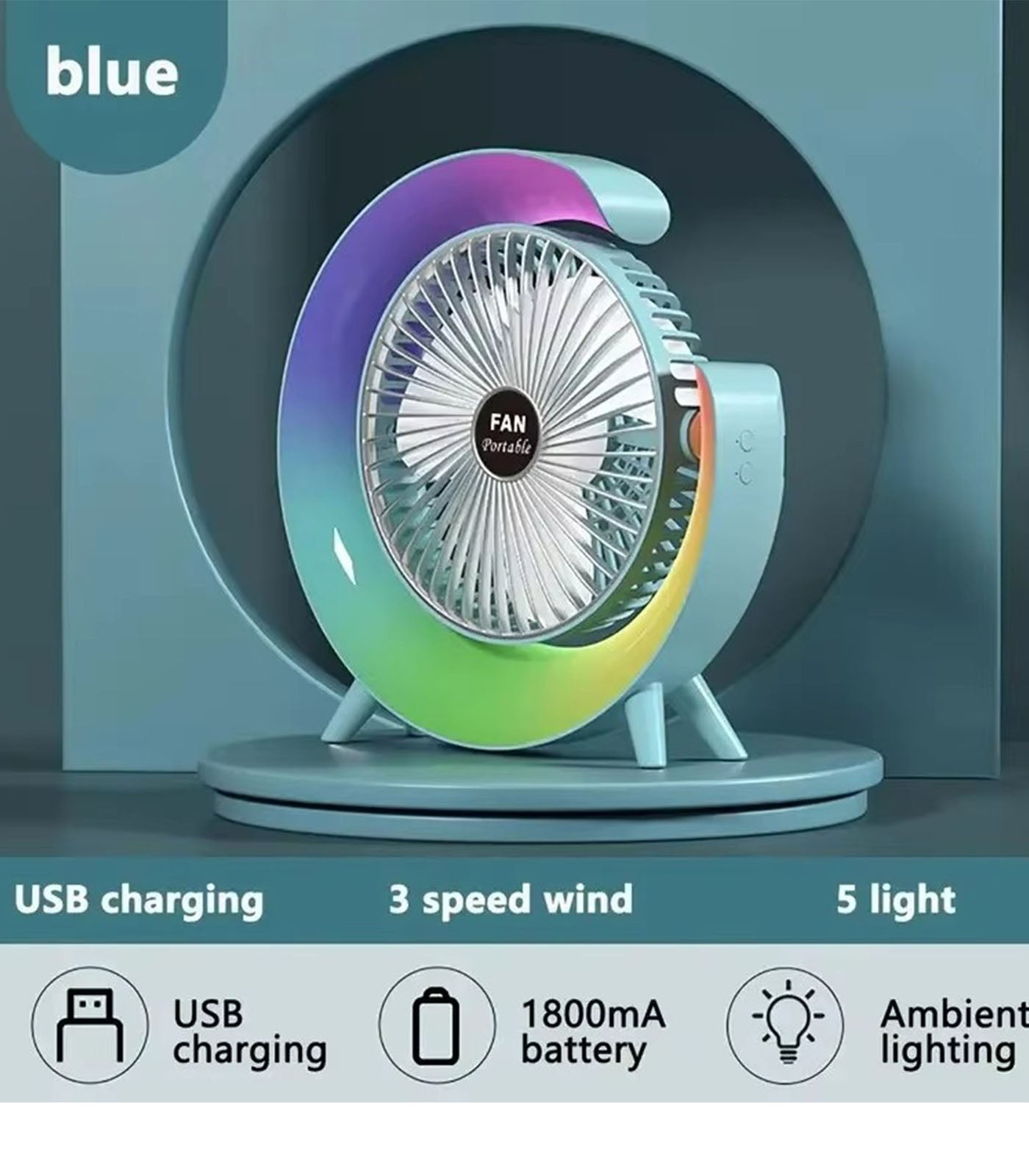 Colorful Loop Desktop Electric Fan with Silent Motor & USB Charging – 3 Speed Wind Modes + Ambient Light