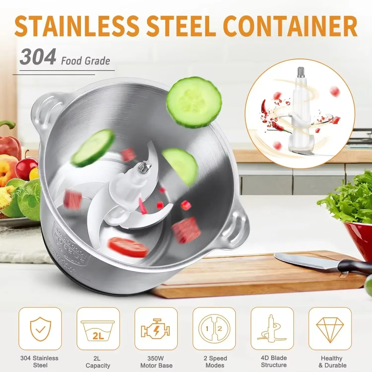Electric Meat Grinder 2L – 304 Stainless Steel Multifunction Food Chopper