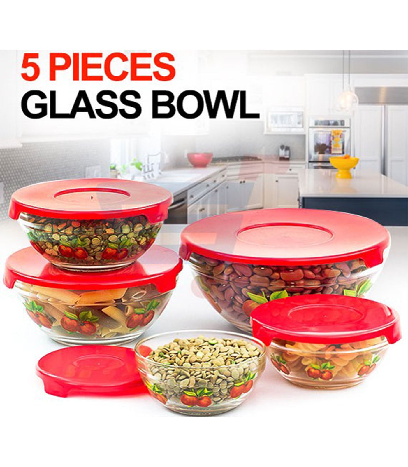 Elegant 5 Piece Clear Glass Bowl Set with Red Accents
