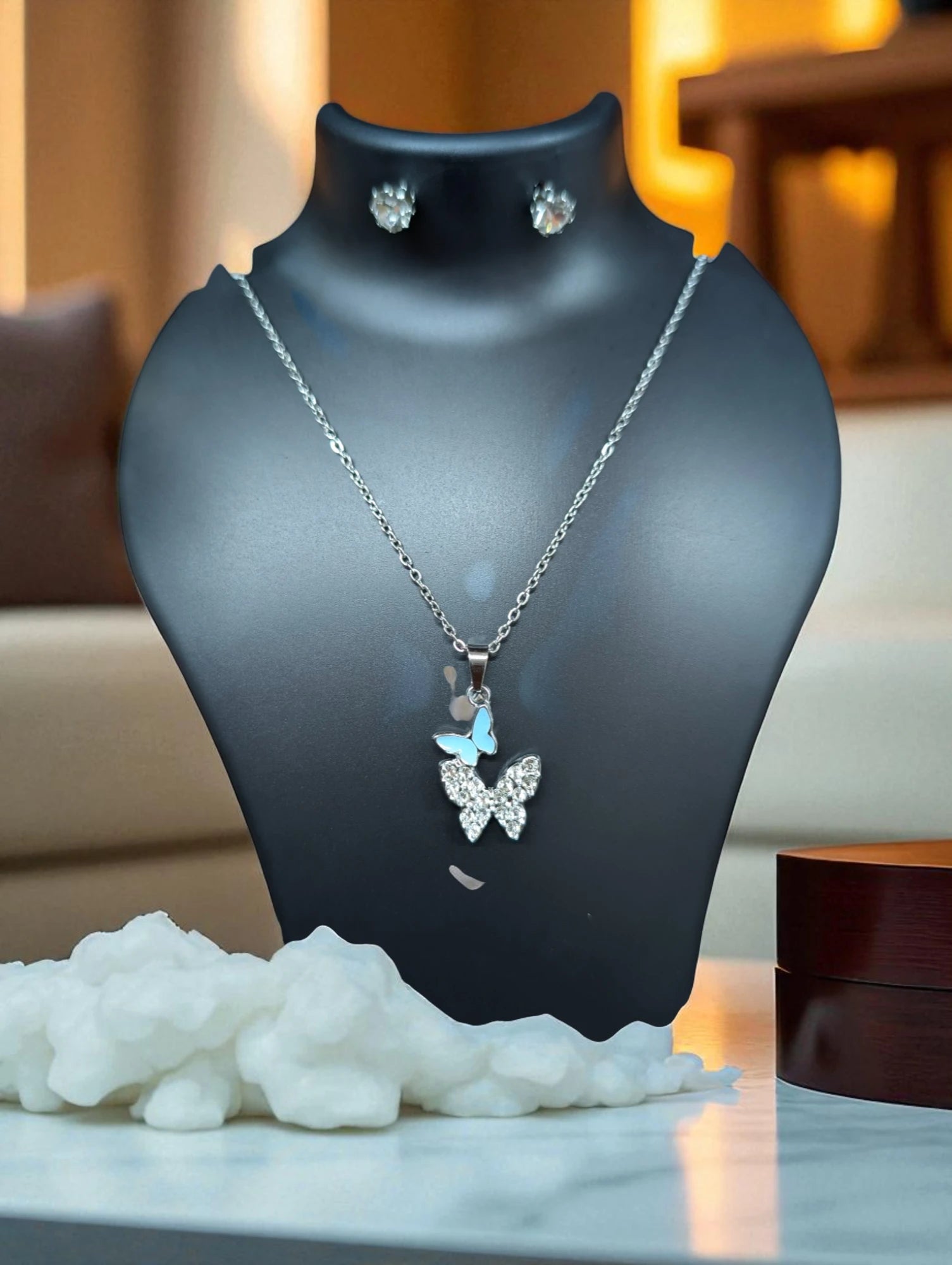 Elegant Butterfly Pendant Necklace with Stud Earrings