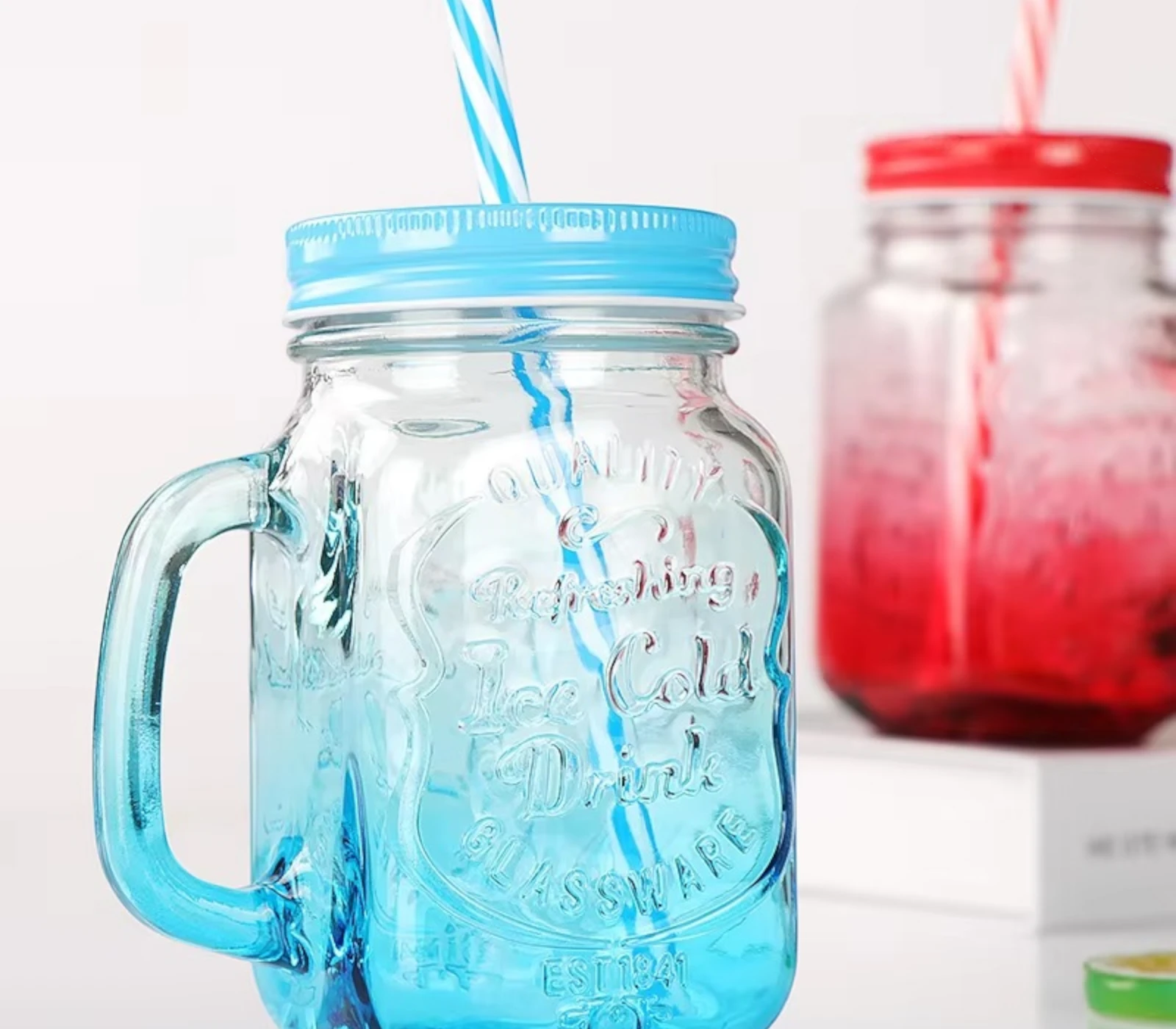 480ml Gradient Mason Jar Mug with Handle, Lid &amp; Straw – Vintage Glass for Drinks