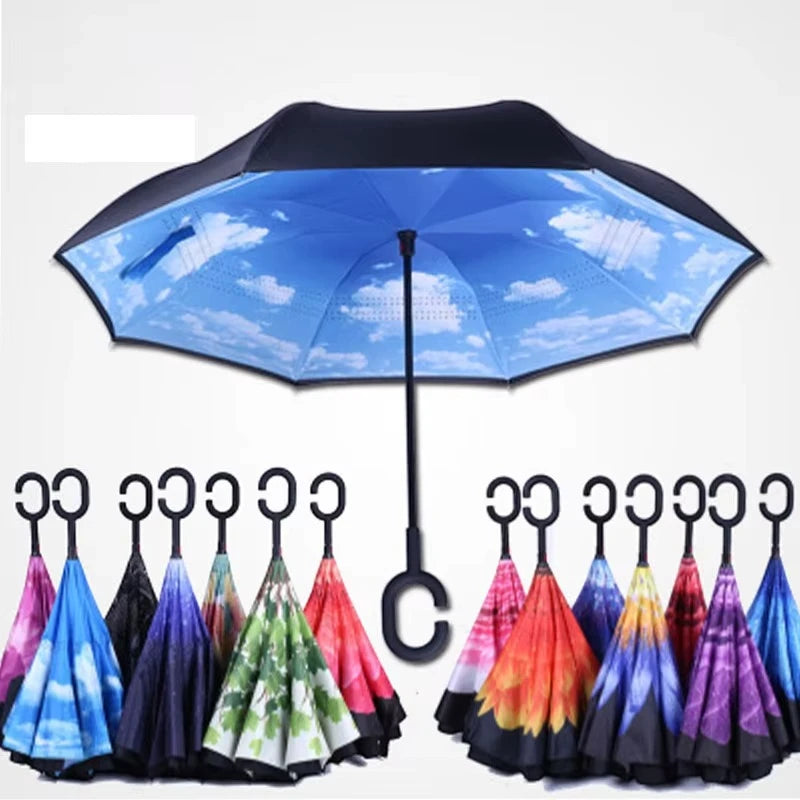 Hands-Free C Handle Reverse Umbrella – Double Layer Windproof &amp; UV Blocking Stand Up Parapluie for Men &amp; Women