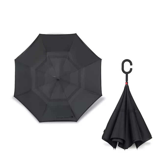 Hands-Free C Handle Reverse Umbrella – Double Layer Windproof &amp; UV Blocking Stand Up Parapluie for Men &amp; Women
