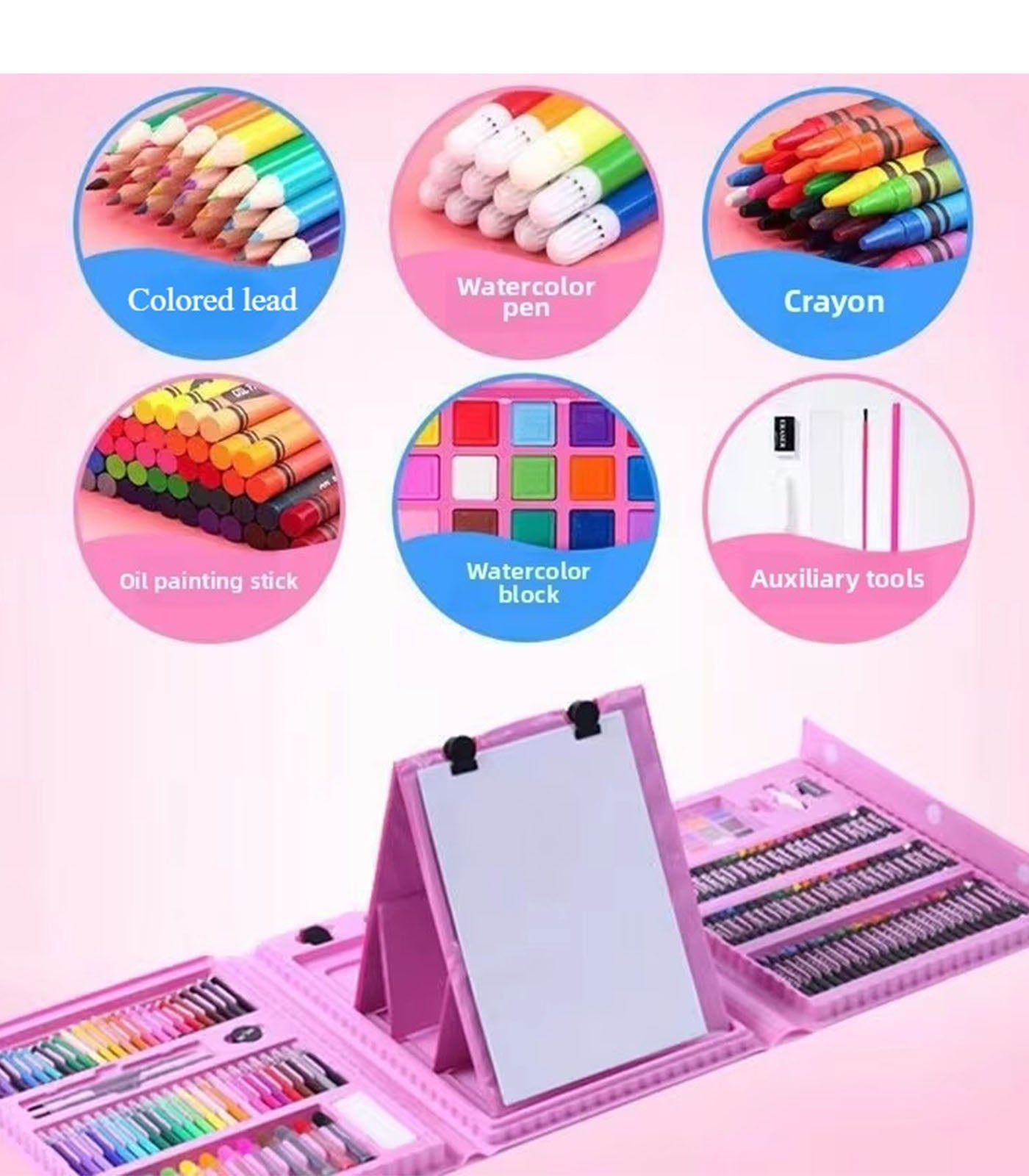 Pink Kids’ Art Set with Easel – Includes Drawing Book &amp; Sketch Templates, Perfect Starter Kit for Young Artists