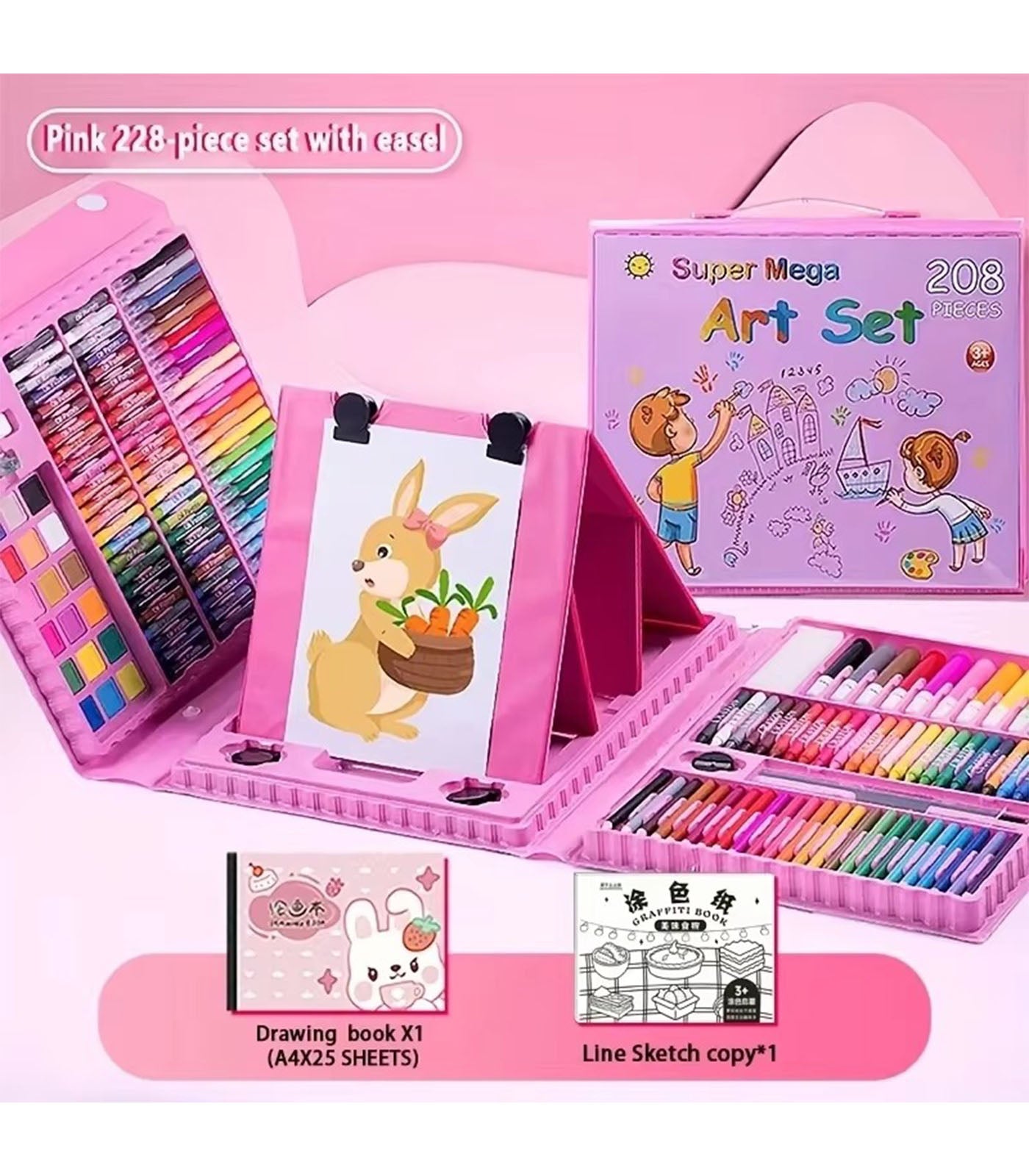 Pink Kids’ Art Set with Easel – Includes Drawing Book &amp; Sketch Templates, Perfect Starter Kit for Young Artists