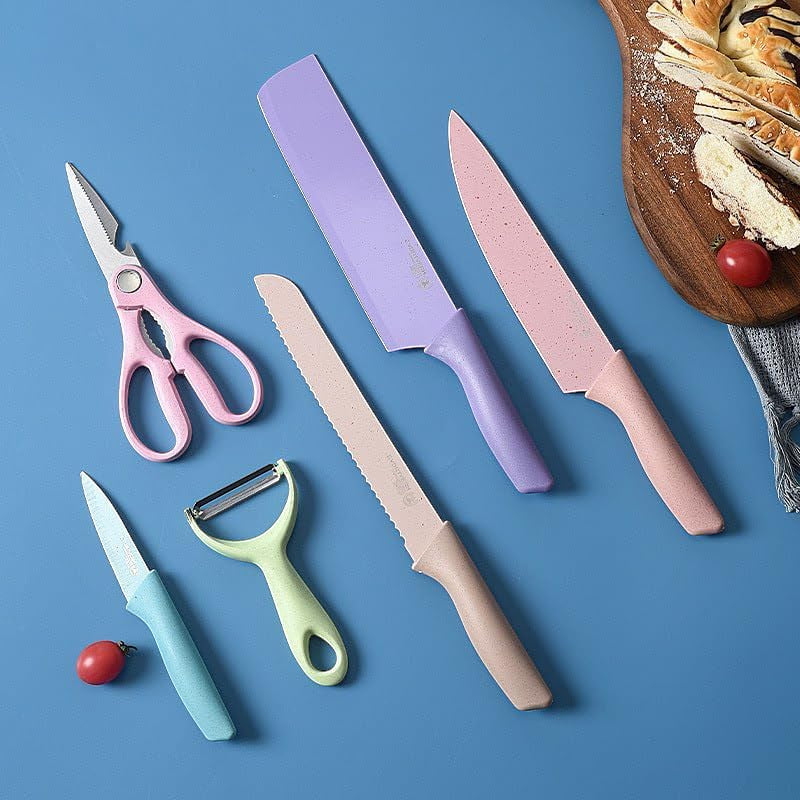 Professional Kitchen Knife Set – Macaron Collection with Chef Knives, Scissors & Peeler
