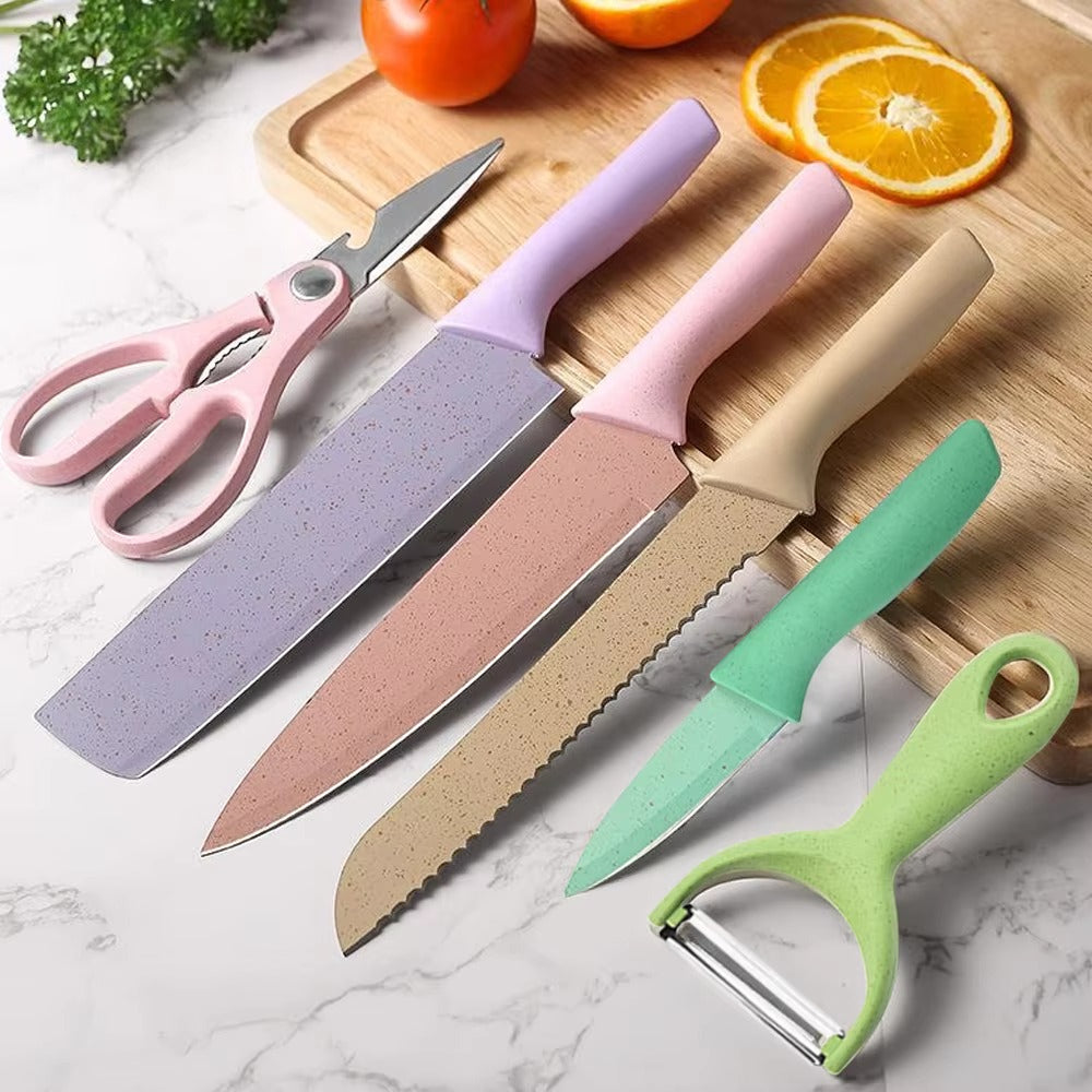 Professional Kitchen Knife Set – Macaron Collection with Chef Knives, Scissors & Peeler
