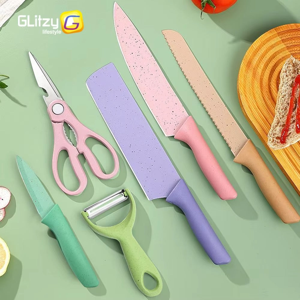 Professional Kitchen Knife Set – Macaron Collection with Chef Knives, Scissors & Peeler