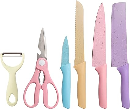 Professional Kitchen Knife Set – Macaron Collection with Chef Knives, Scissors & Peeler