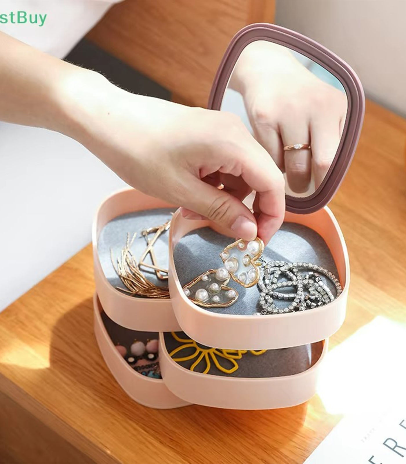 Rotating 4-Layer Jewelry Organizer Box with Mirror – Storage for Necklaces, Earrings, Bracelets & Rings