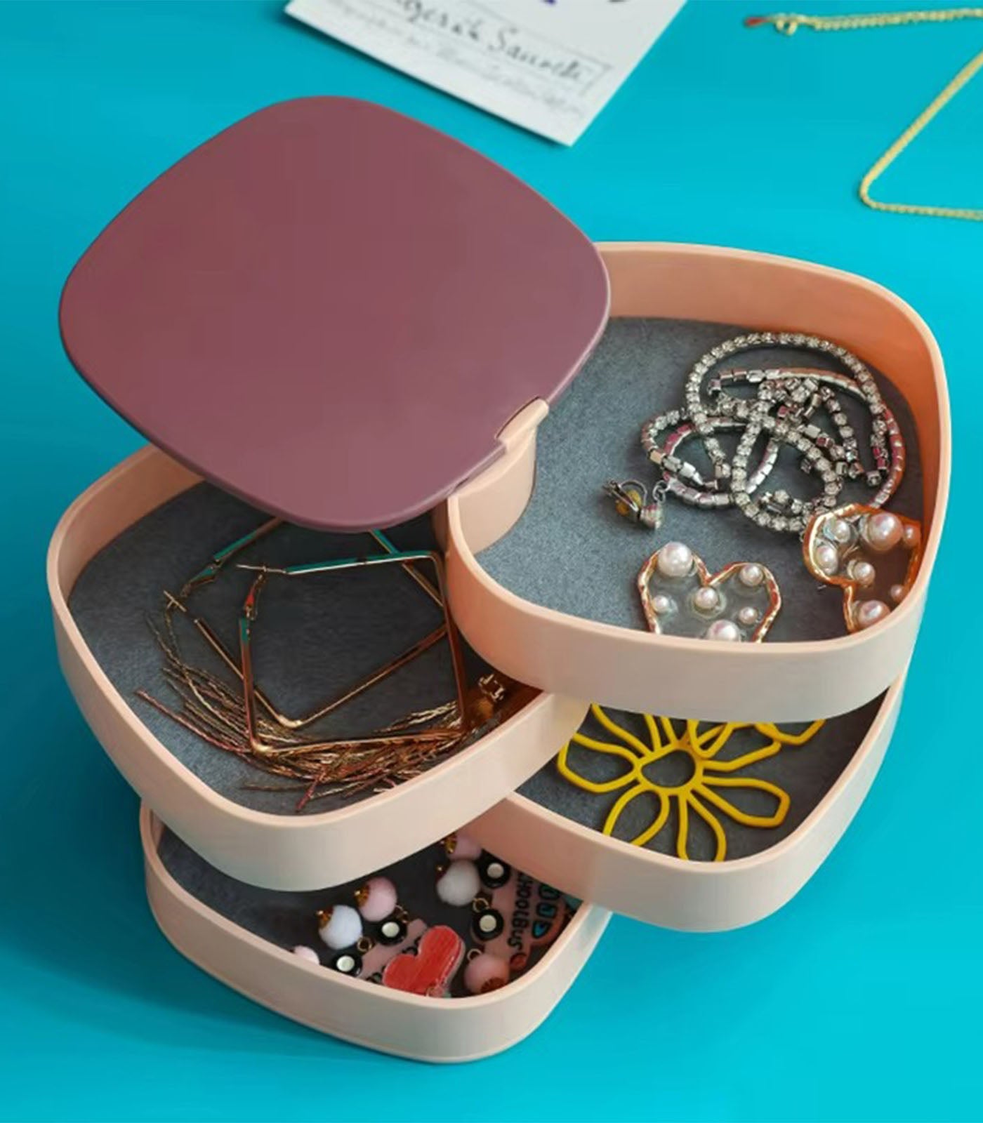 Rotating 4-Layer Jewelry Organizer Box with Mirror – Storage for Necklaces, Earrings, Bracelets & Rings