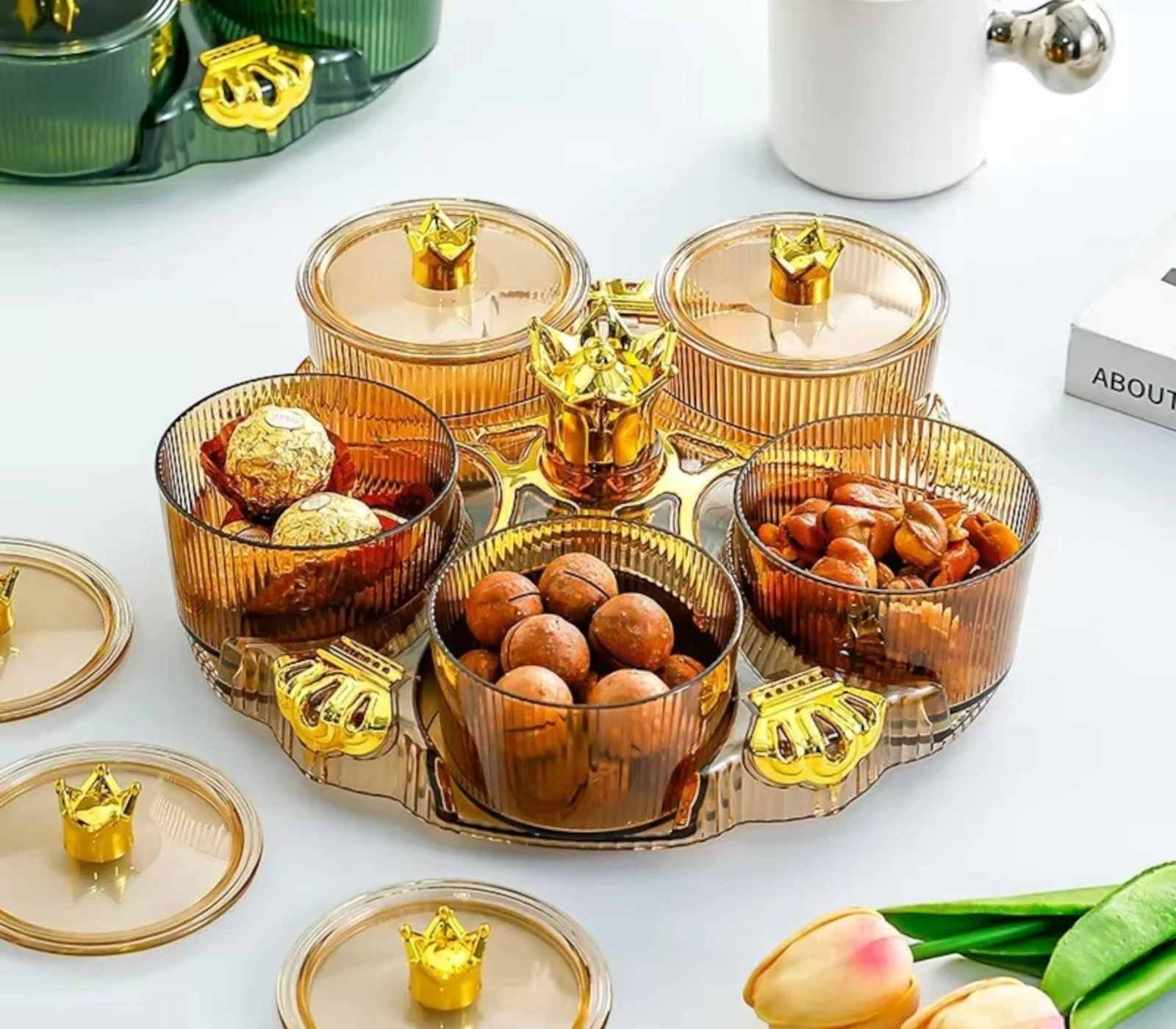 Rotating 5-Grid Snack Storage Bowl – Candy, Dry Fruit & Snack Organizer