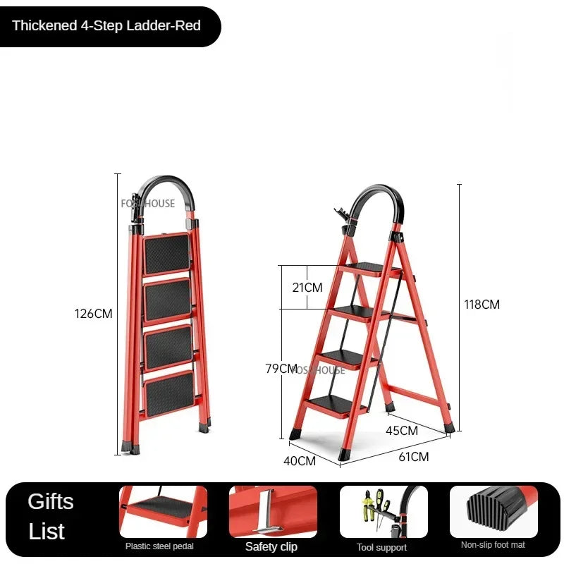 4-Step Folding Ladder with Safety Handrail | Heavy-Duty Metal Household Step Ladder