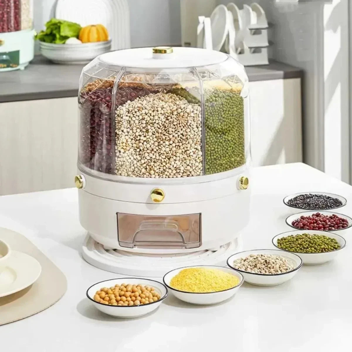 360° Rotating Rice & Grain Dispenser | Airtight Multi-Compartment Cereal Storage Container