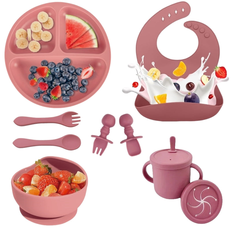 BPA-Free Silicone Baby Feeding Set | 7-Piece Suction Dinnerware Set with Plate, Bowl, Straw Cup, Bib & Utensils
