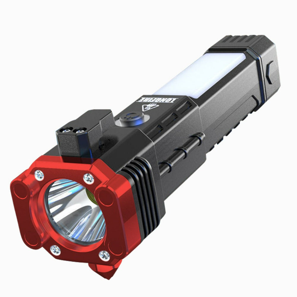 Multi-Functional LED Rechargeable Flashlight with Safety Hammer, Window Breaker, COB Work Light & Power Bank