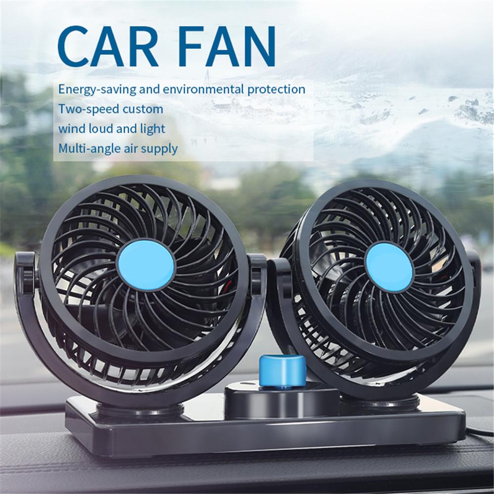 Dual Head 360° Adjustable Car Cooling Fan | 12V/24V Low Noise Dashboard Fan with Cigarette Lighter Plug