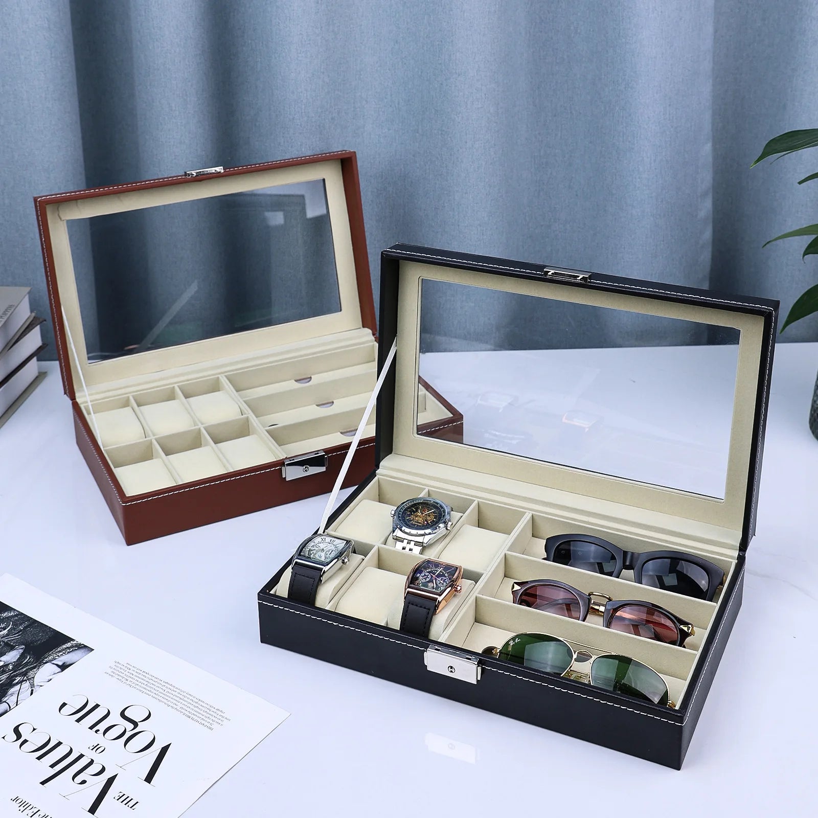 Luxury Watch & Sunglasses Storage Box with Glass Display Lid