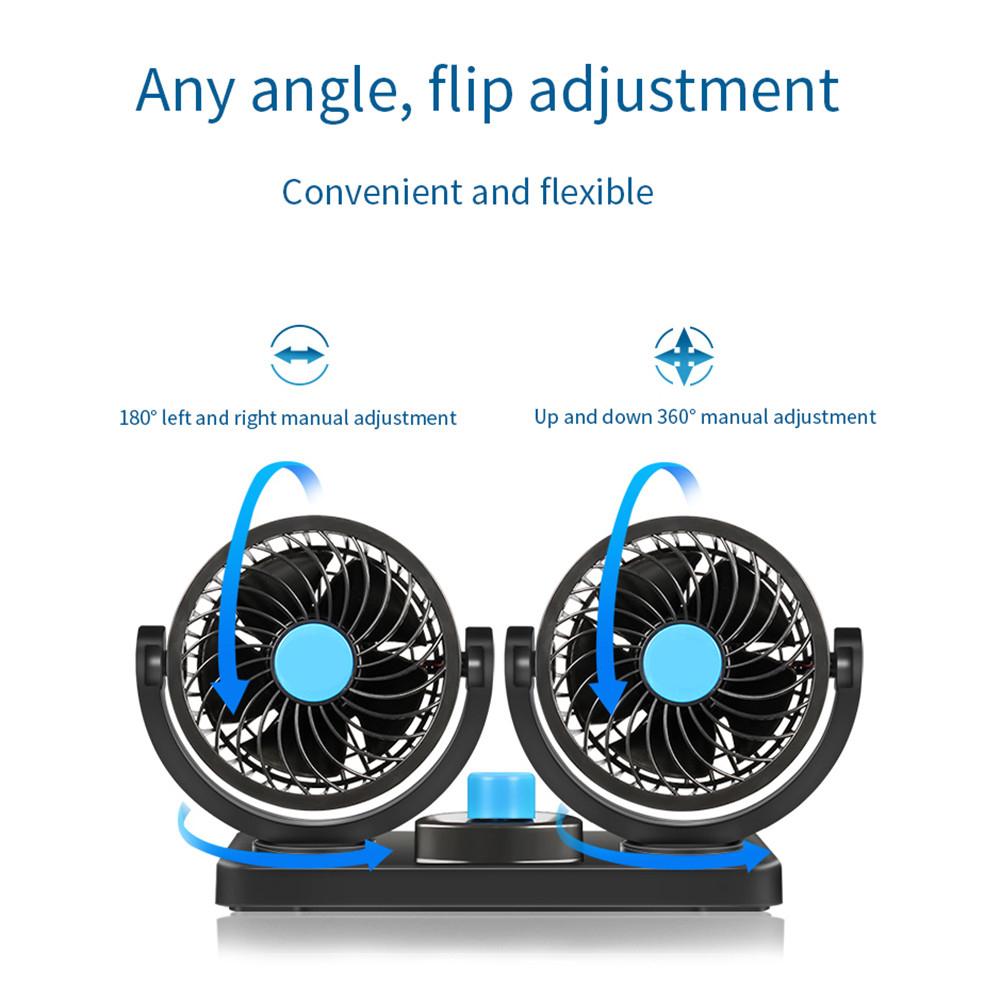 Dual Head 360° Adjustable Car Cooling Fan | 12V/24V Low Noise Dashboard Fan with Cigarette Lighter Plug
