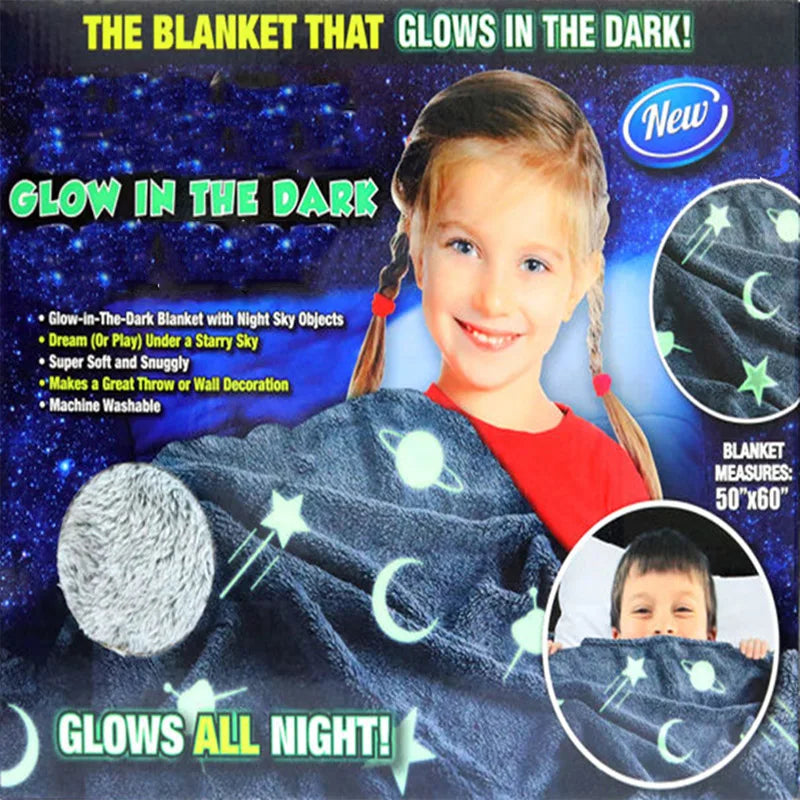 Glow in the Dark Soft Fleece Blanket – Luminous Star & Moon Throw for Kids and Adults