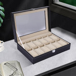 Premium 12 Slot Leather Watch Display Box with Glass Lid & Velvet Cushions – Luxury Watch Organizer Case