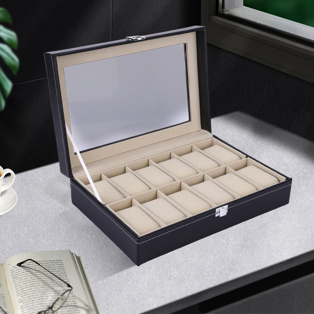 Premium 12 Slot Leather Watch Display Box with Glass Lid & Velvet Cushions – Luxury Watch Organizer Case