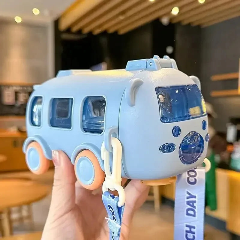 2-in-1 Kids Bus-Shaped Water Bottle with Straw & Shoulder Strap – 500ml