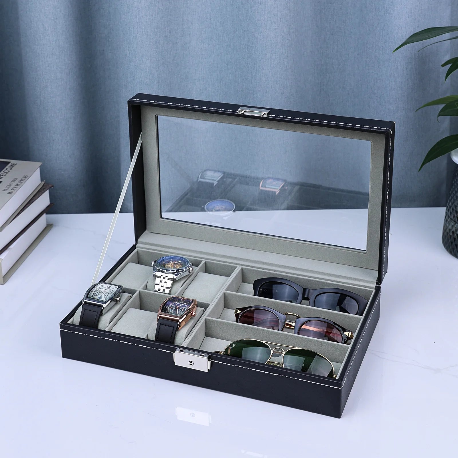 Luxury Watch & Sunglasses Storage Box with Glass Display Lid