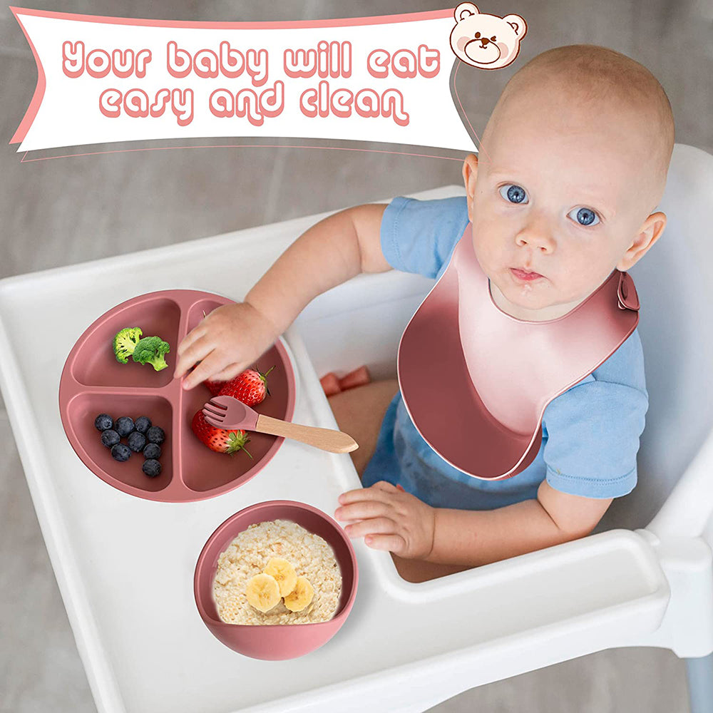 Baby Silicone Feeding Set – Plate, Bowl, Bib, Cup, Spoon & Fork Set