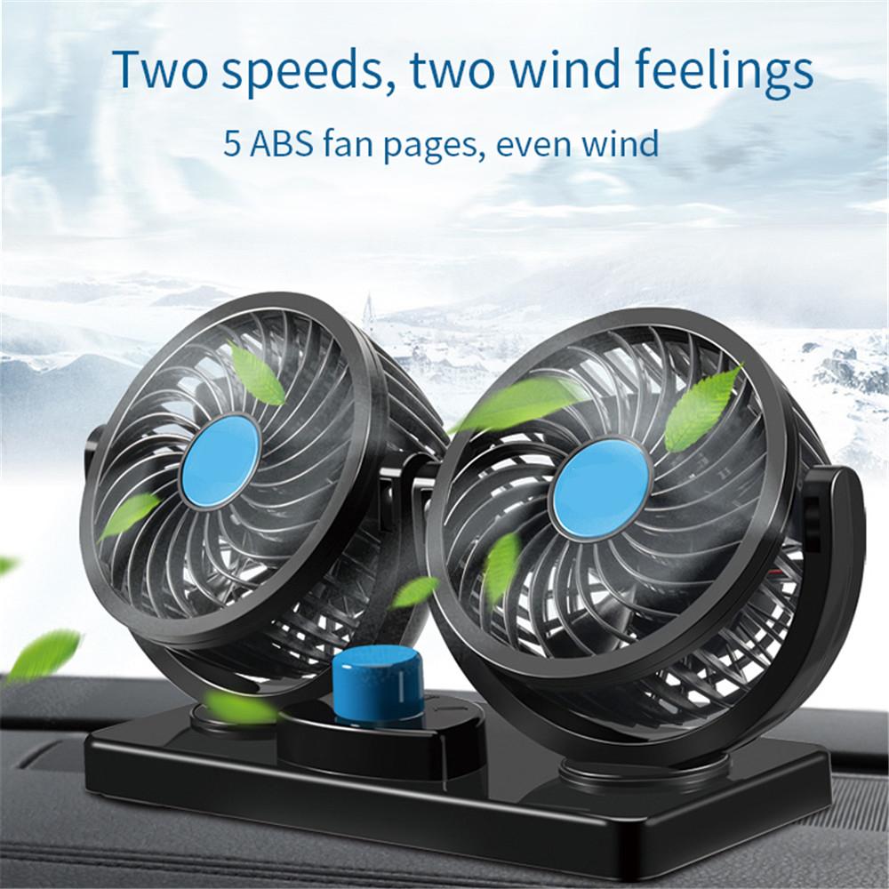 Dual Head 360° Adjustable Car Cooling Fan | 12V/24V Low Noise Dashboard Fan with Cigarette Lighter Plug