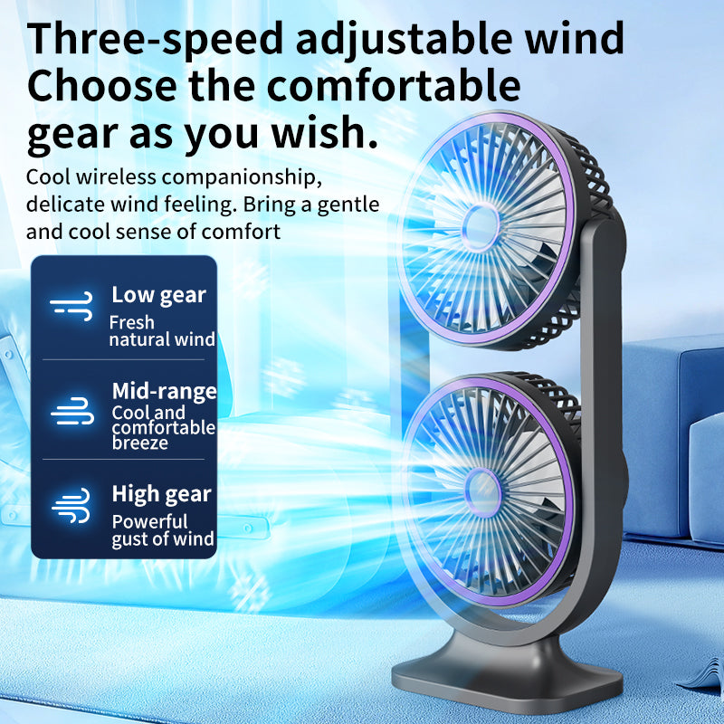Double Hurricane Rechargeable Fan – Dual Head 360° Adjustable Portable Electric Fan